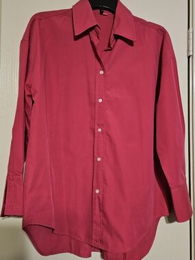 Women's Long-Sleeve Button-Up Blouse in Deep Pink, size M.